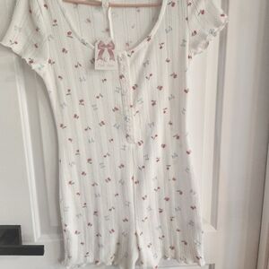 Pink Rose Cherry Print Pointelle Romper